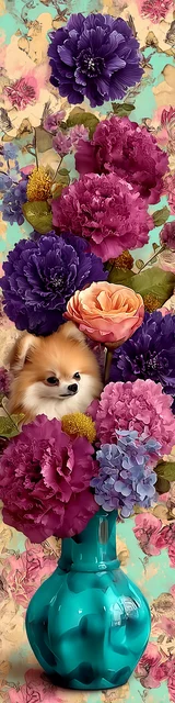 Free dog bookmarks featuring a moody pomeranian in a vase with flowers